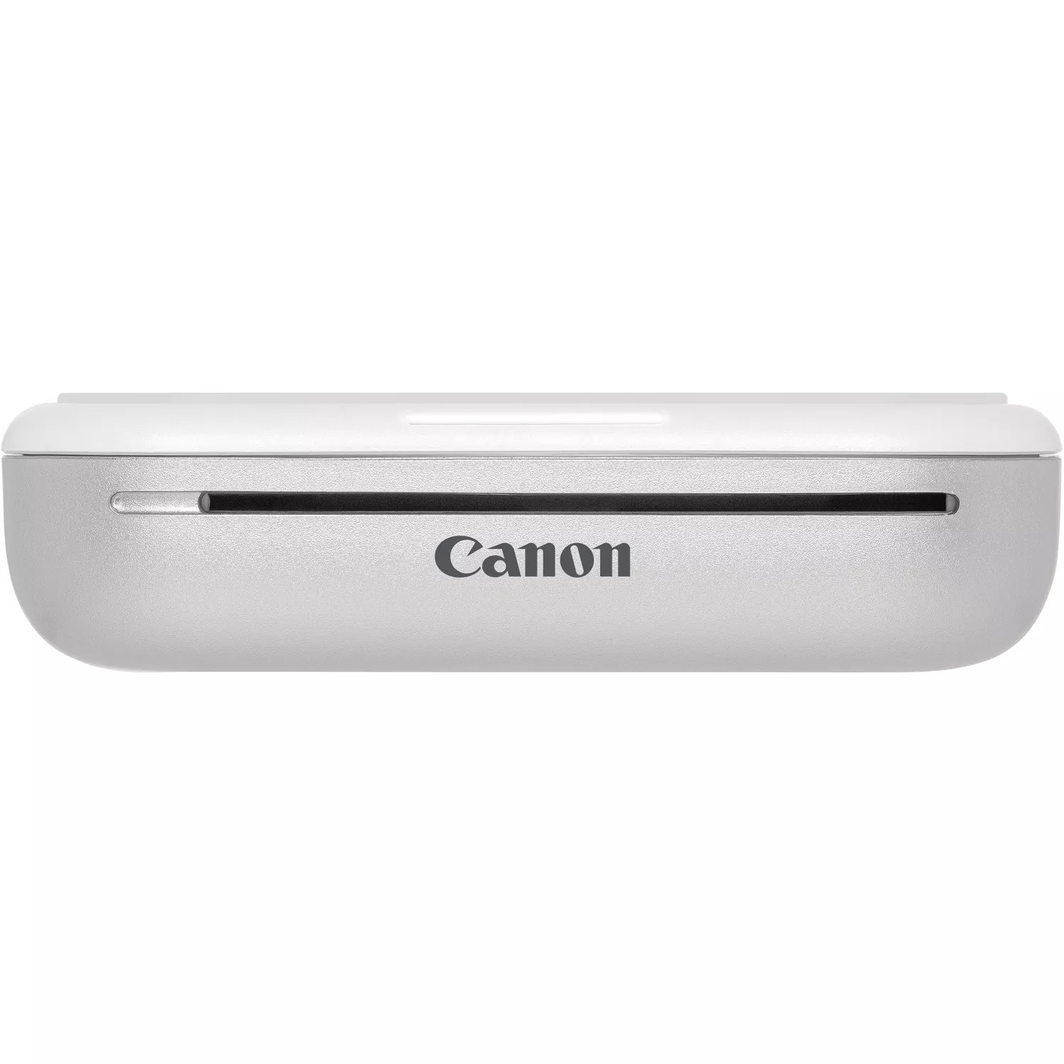 Silberner und weißer Canon-Drucker mit Canon-Logo und Druckschlitz.