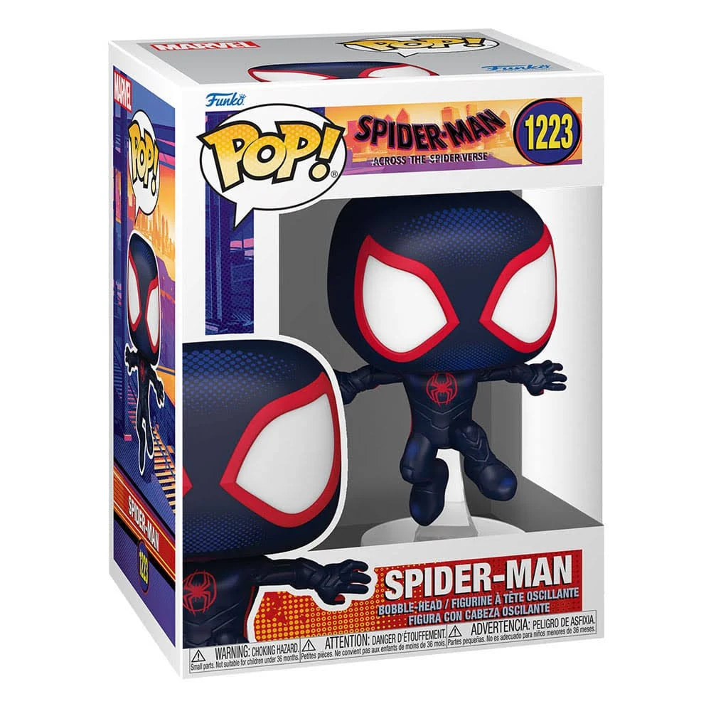 Una figura de Spider-Man en una caja de exhibición, con el personaje en una pose dinámica.
