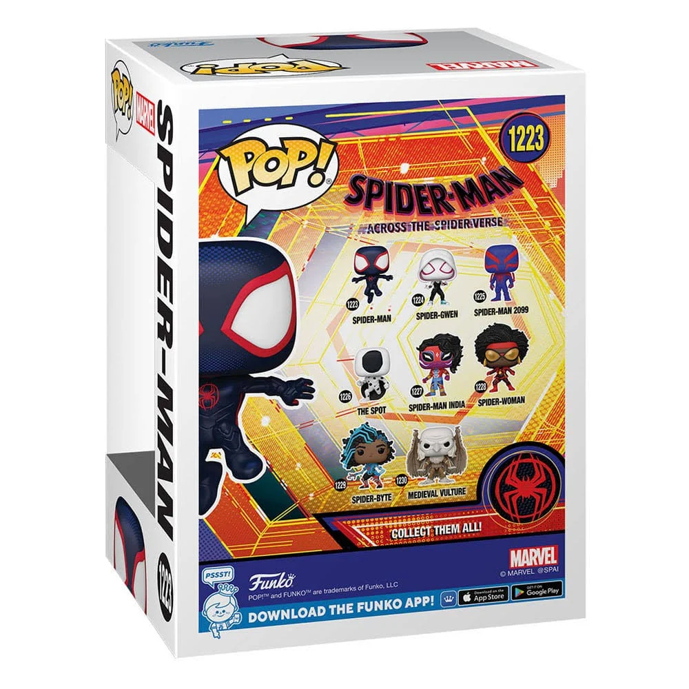 Una caja de Spider-Man Pop!, con varios personajes de Spider-Man, con un fondo blanco.