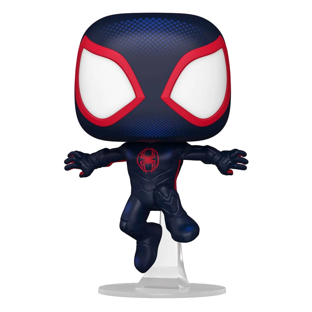 Funko Pop! de Spider-Man. Traje negro, detalles rojos, ojos blancos y un soporte. Posando en el aire.