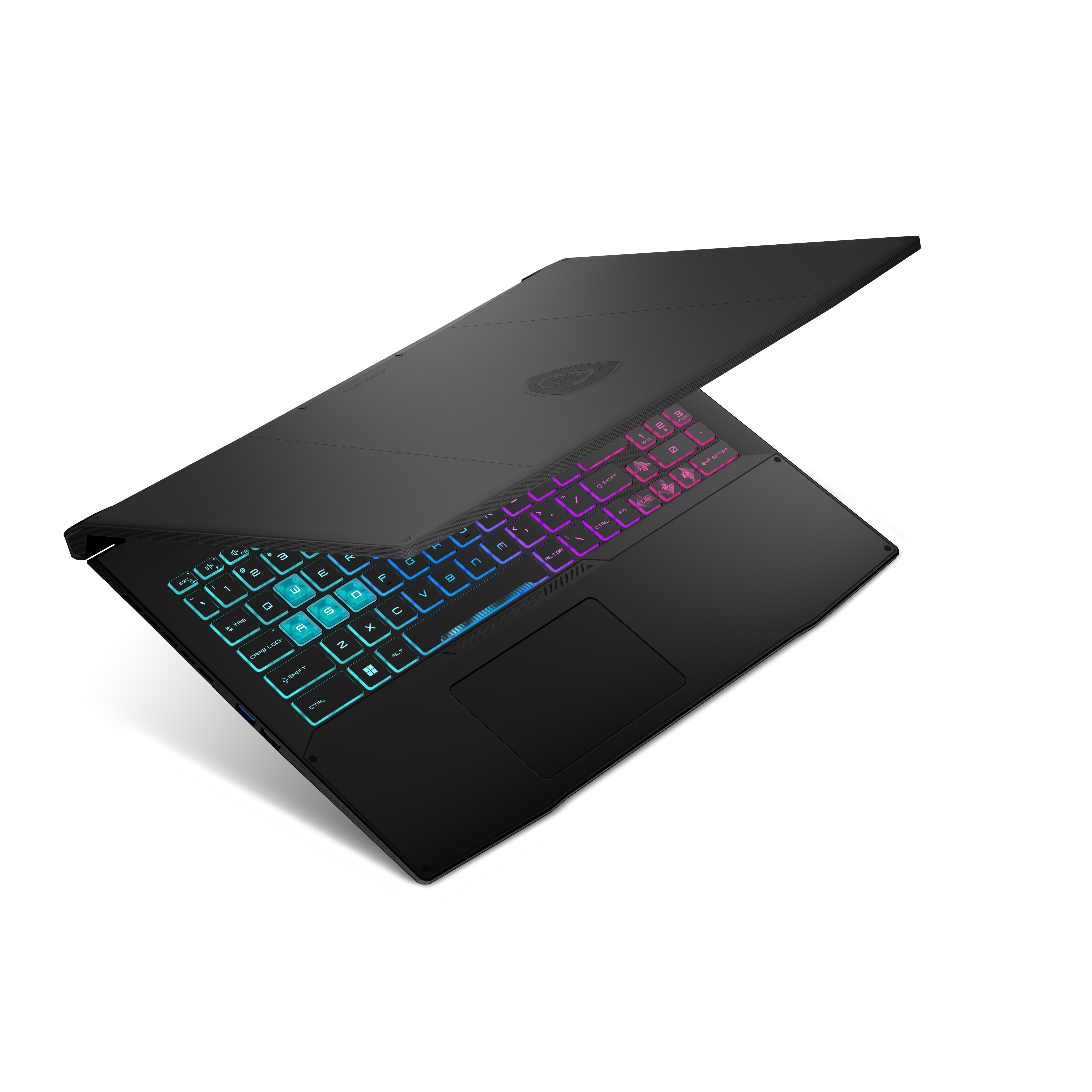 Un portátil negro con la tapa abierta, mostrando un teclado iluminado y colorido.