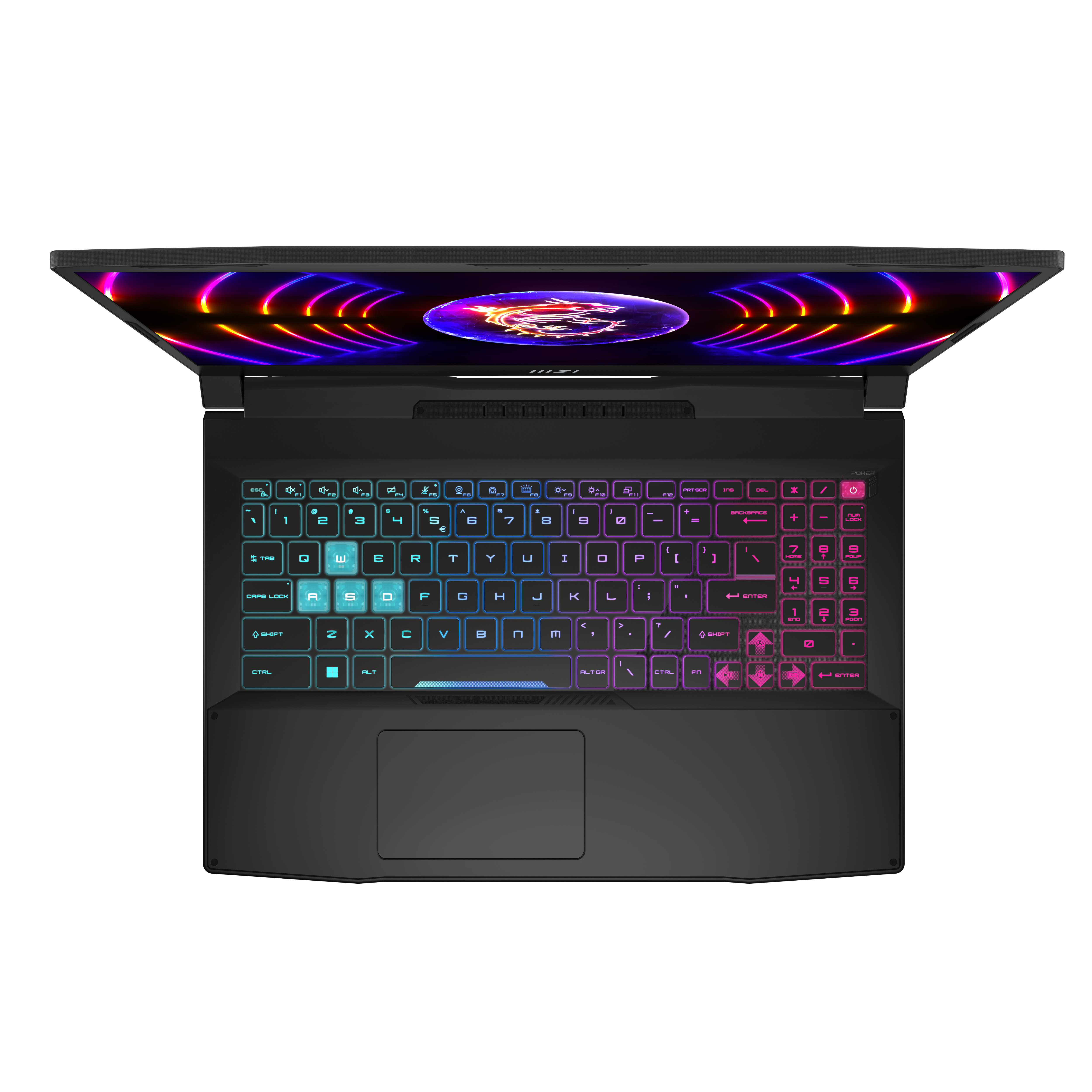 Vista superior del teclado de un portátil con iluminación colorida.