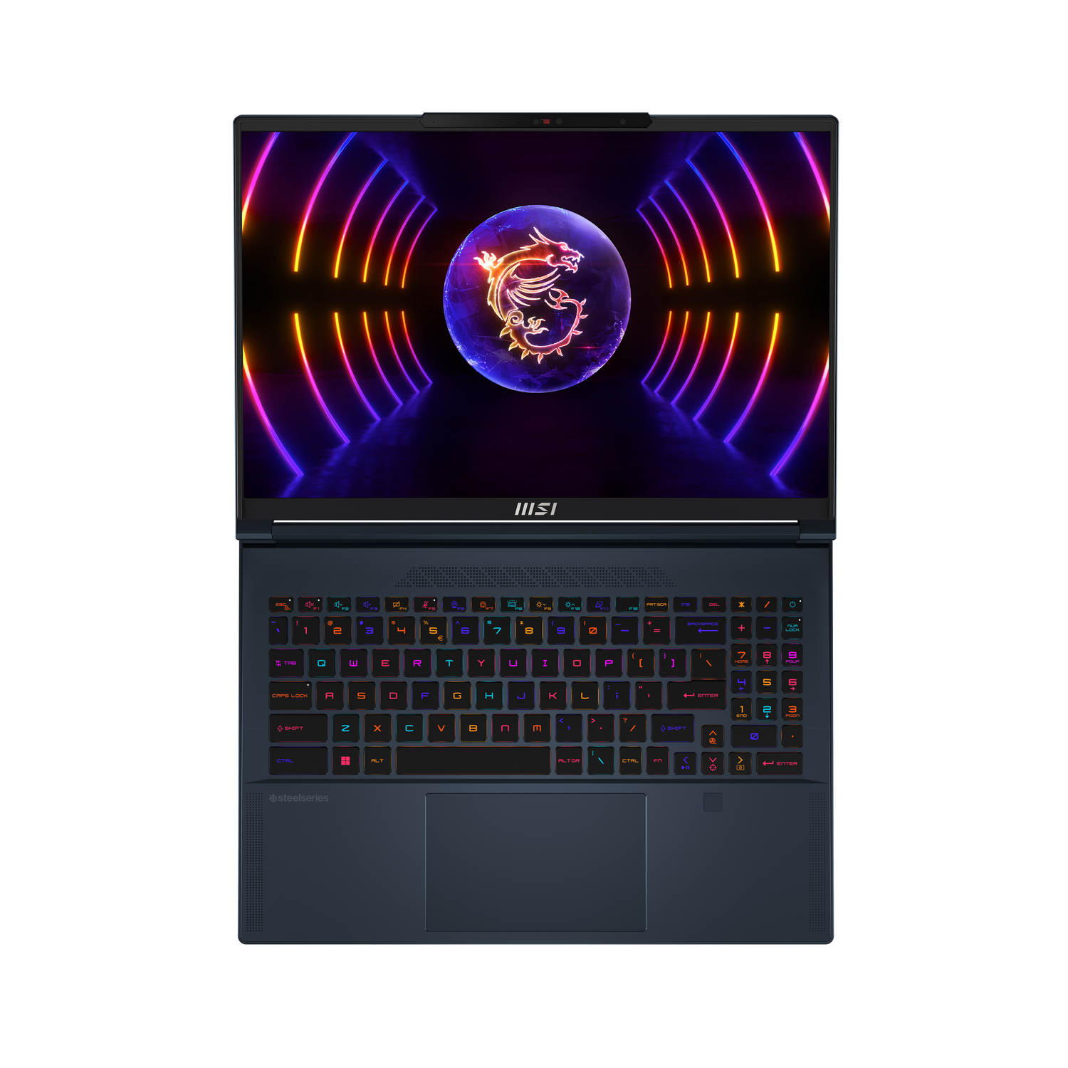 Un portátil MSI con una pantalla colorida, el teclado se ilumina con varios colores. La tapa está abierta.