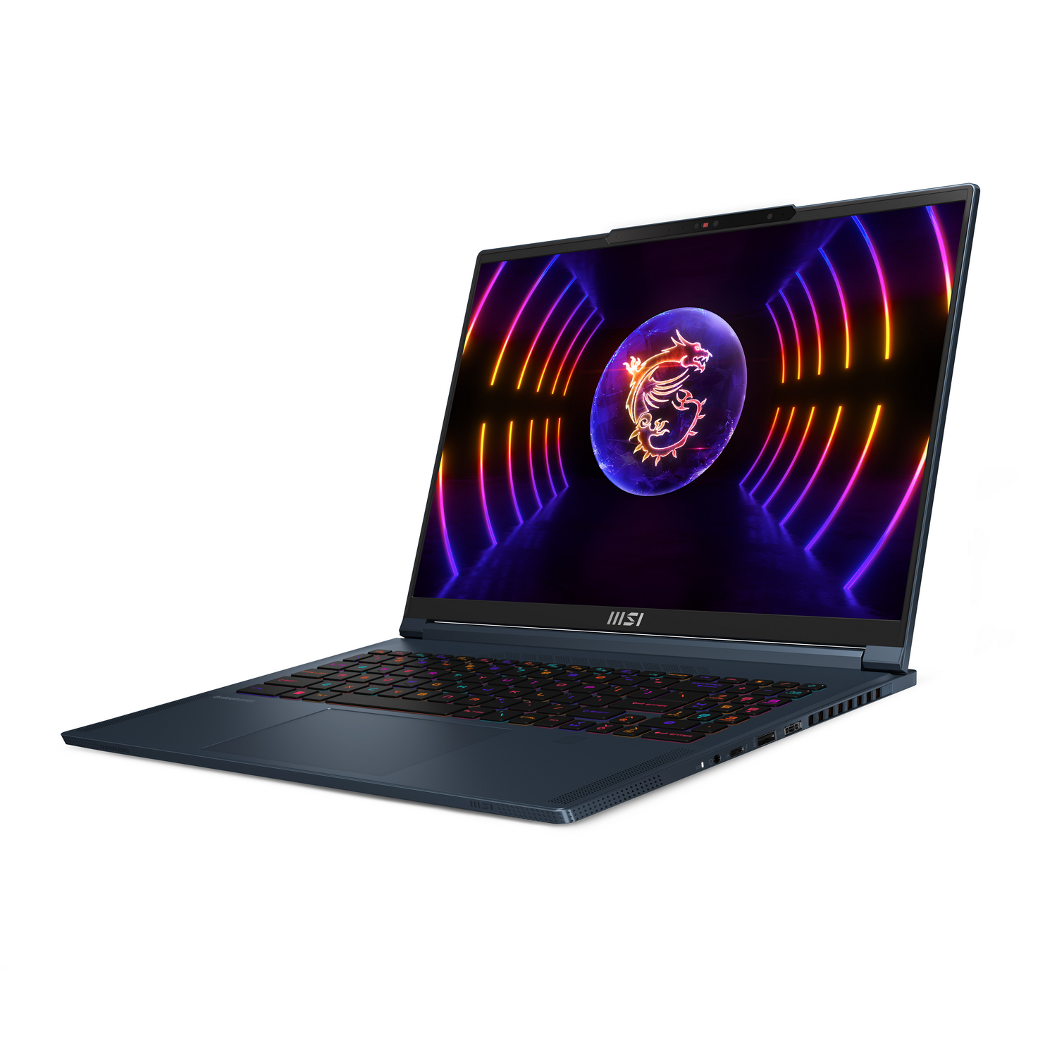 Un portátil azul oscuro, abierto, que muestra una pantalla colorida con un logotipo de dragón y un teclado multicolor.