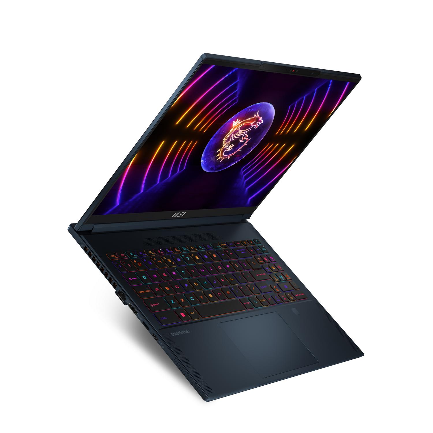 Un portátil con la pantalla abierta mostrando una imagen colorida. El teclado tiene teclas brillantes.