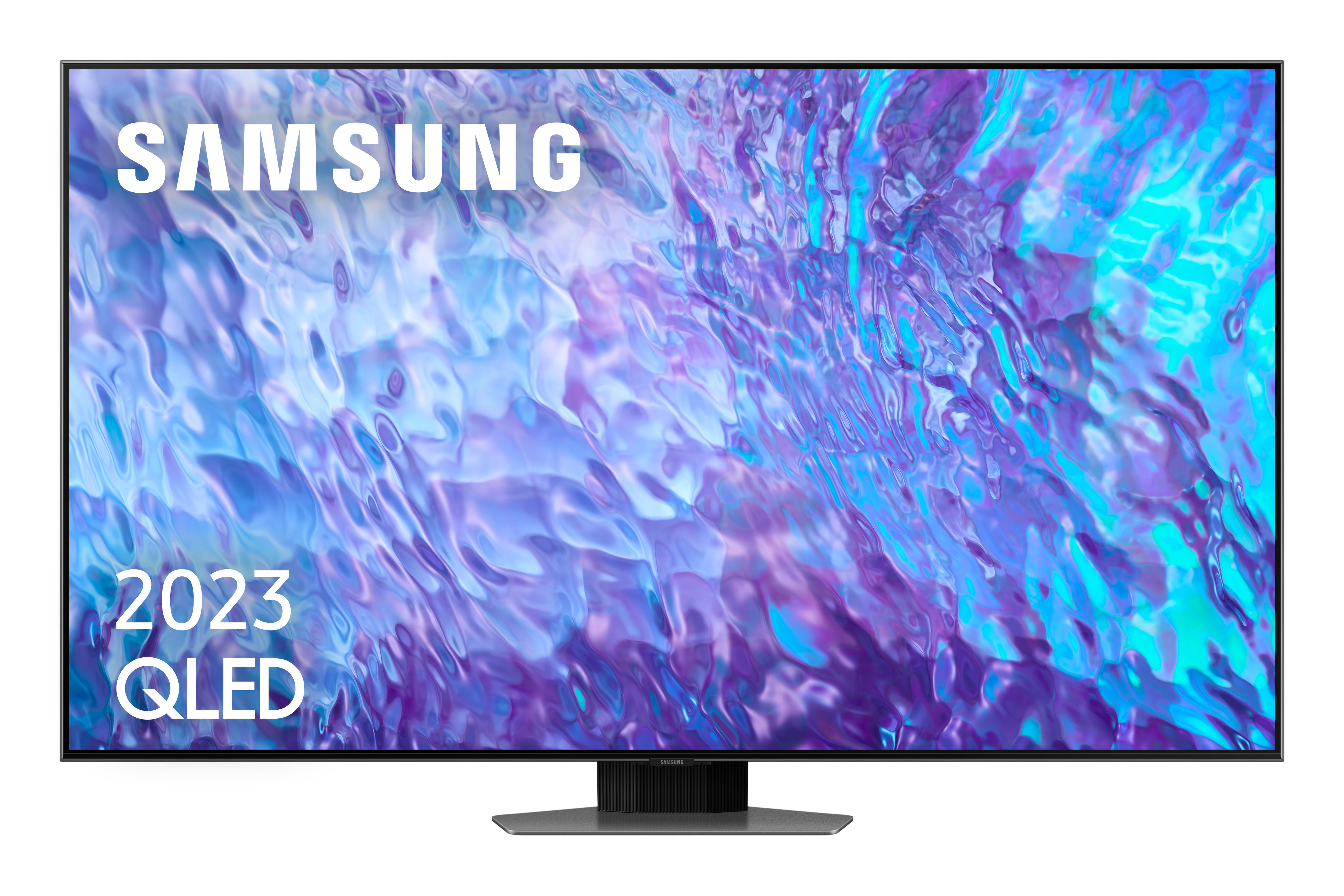 Televisor Samsung 2023 QLED, pantalla azul y morada.