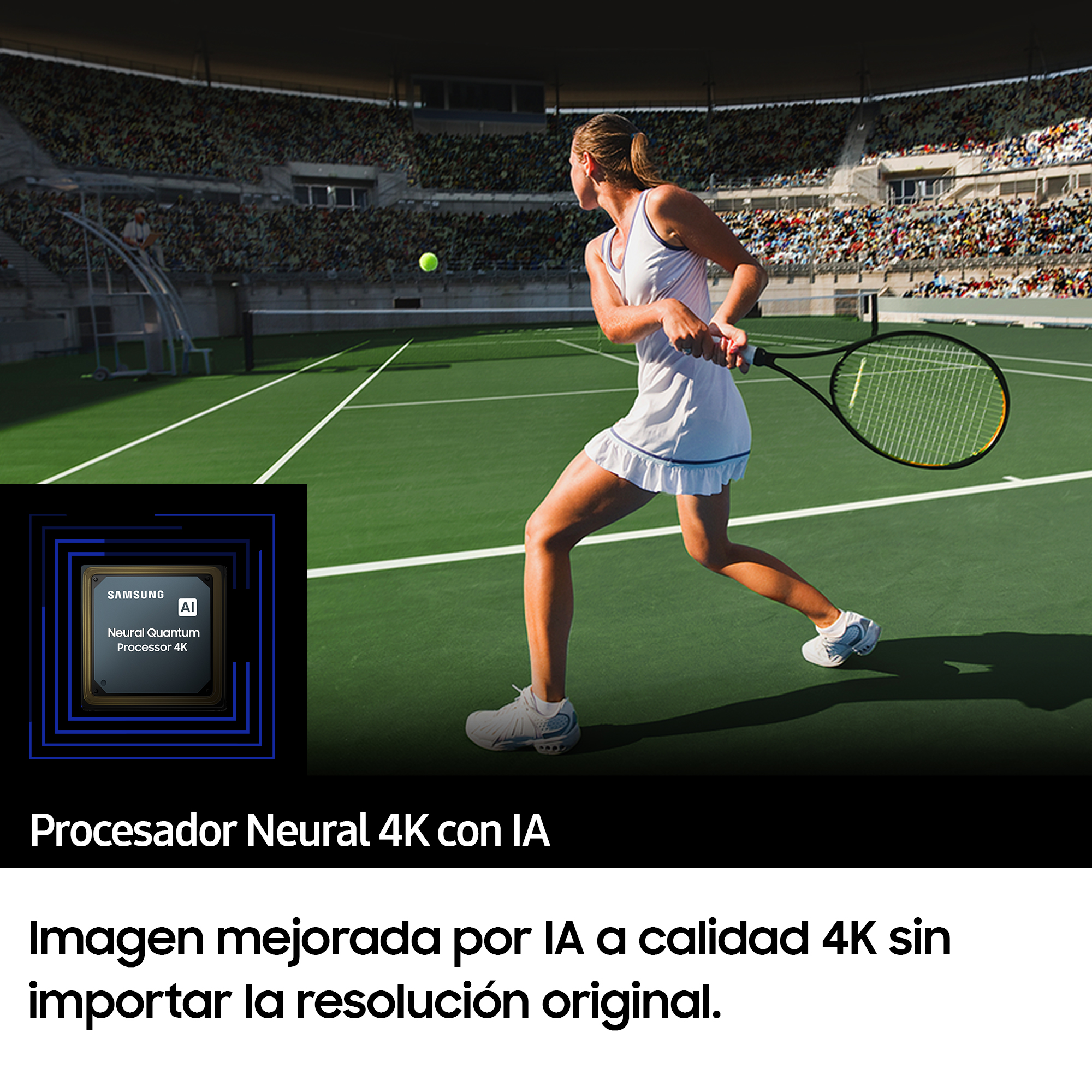 Una mujer jugando al tenis en una cancha verde. Hay un texto en español y un chip.