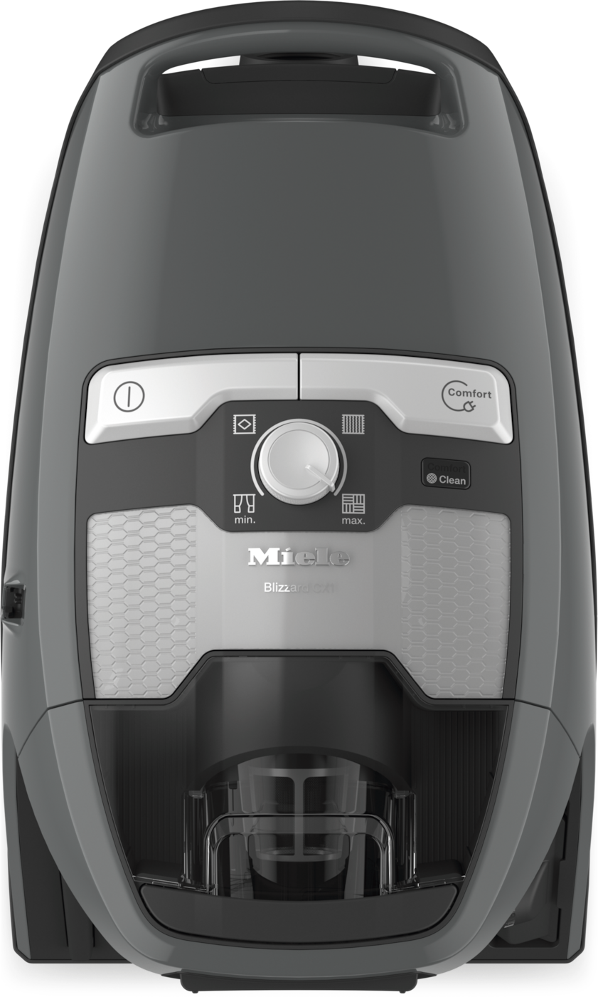 Felülnézet egy szürke Miele Blizzard CX1 porszívóról, mely a vezérlőket és a Miele logót mutatja.