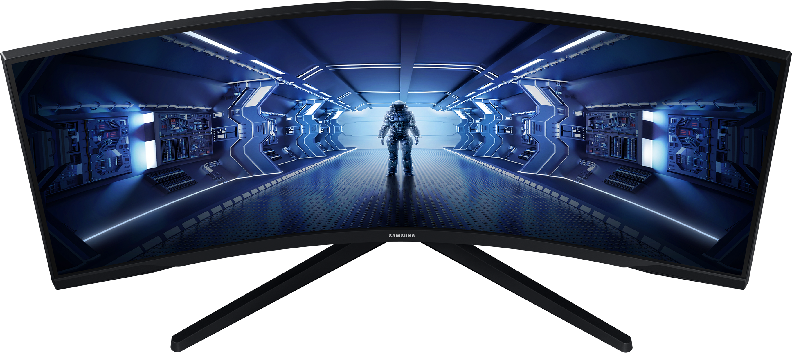 Moniteur Samsung incurvé avec un astronaute dans un couloir futuriste.