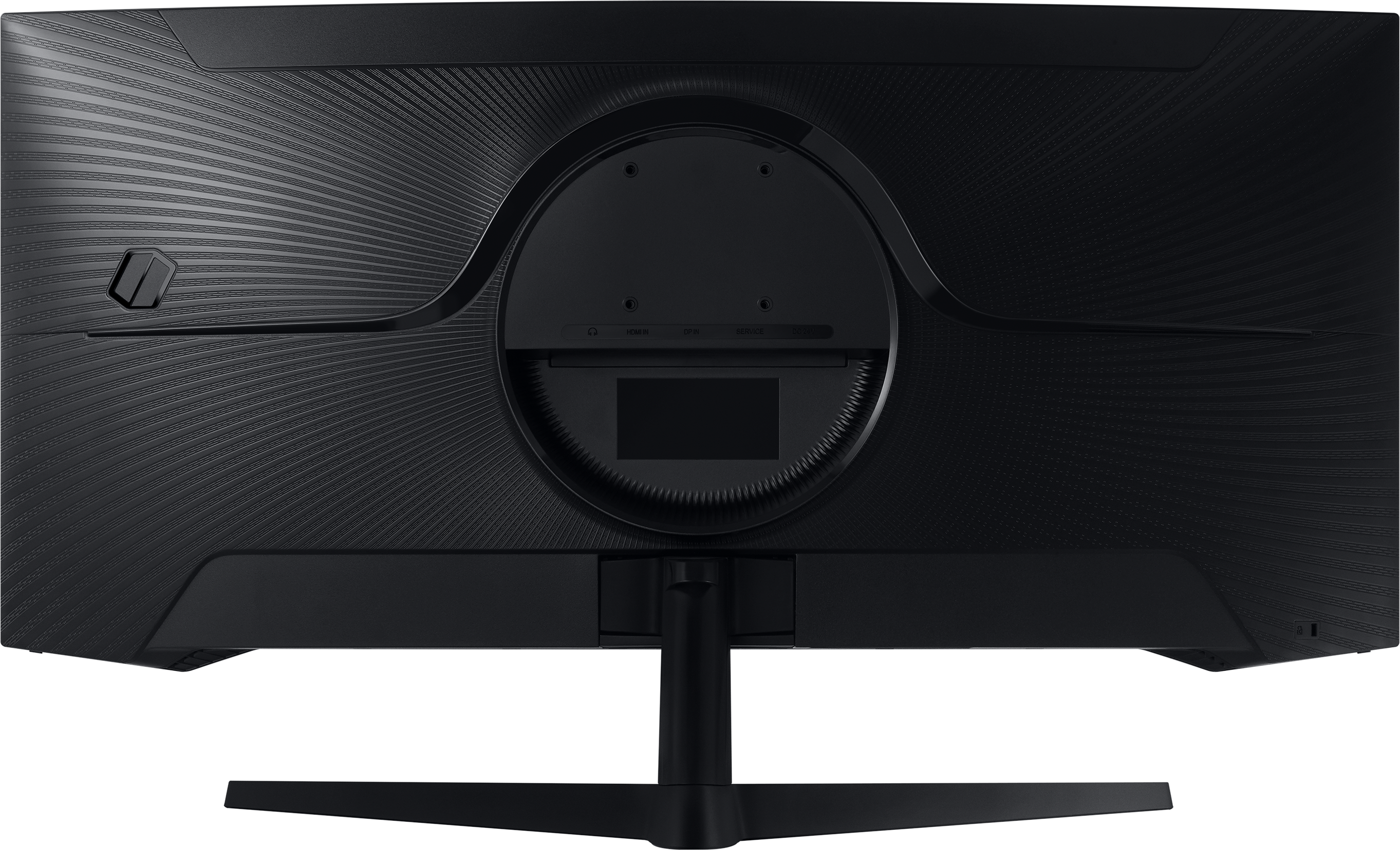 L'arrière d'un moniteur noir avec des ports et un support. Il a un design incurvé.