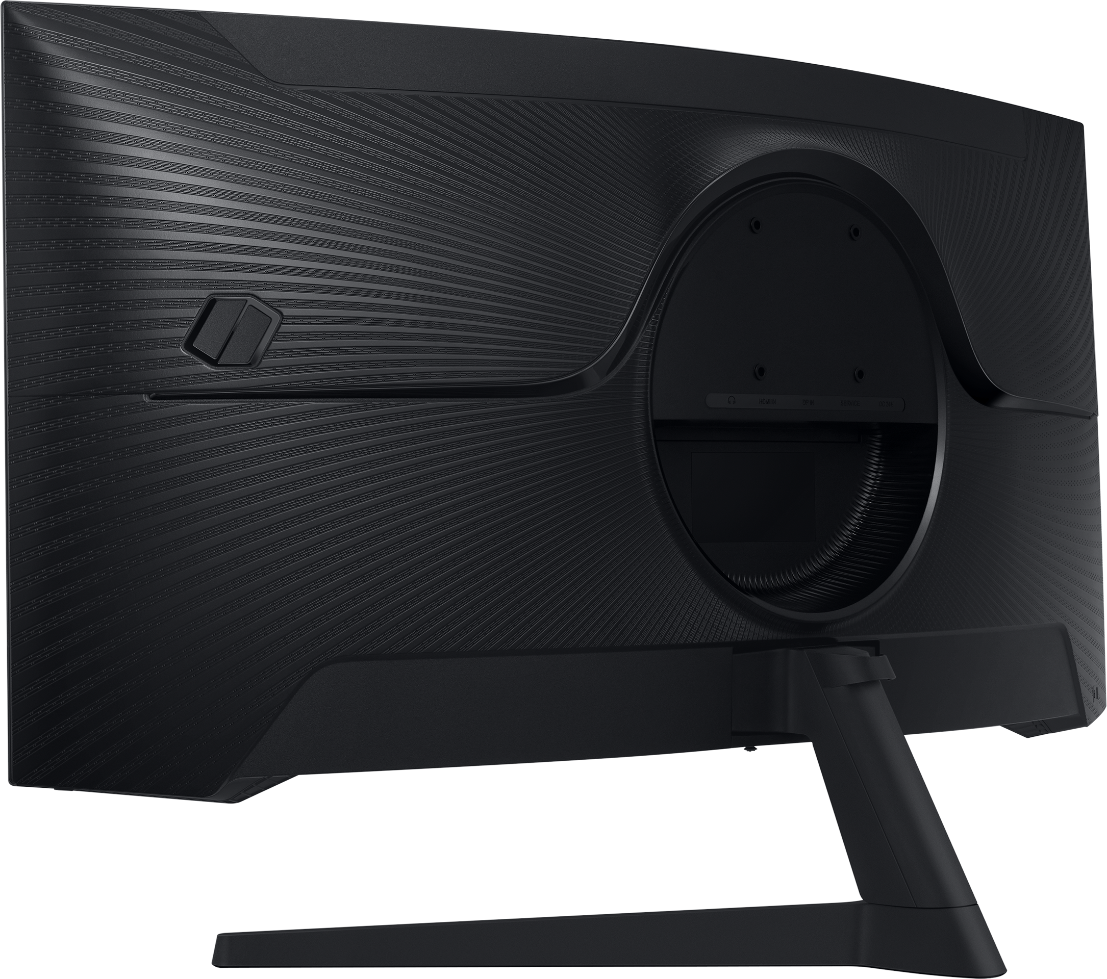 L'arrière d'un moniteur d'ordinateur noir avec un pied et des ports de connexion.