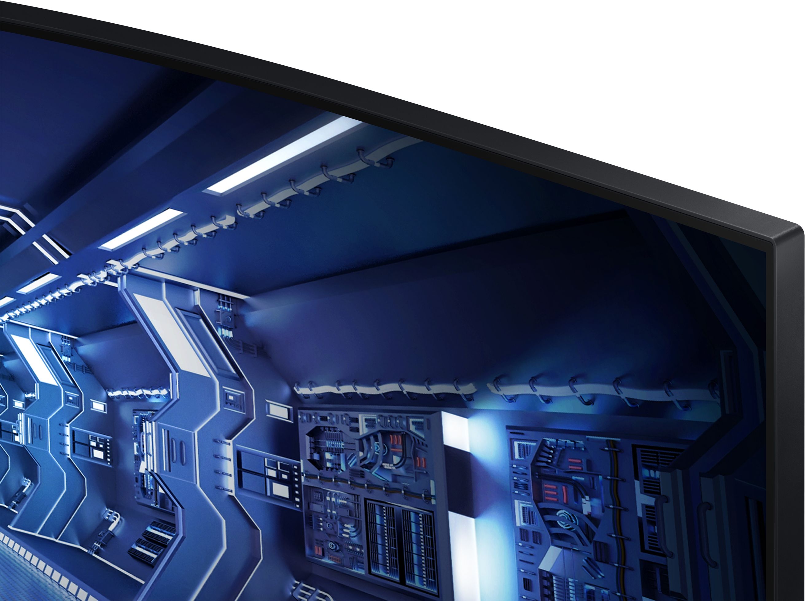 Vue à l'intérieur d'un moniteur montrant un intérieur futuriste éclairé en bleu. Le cadre est noir.