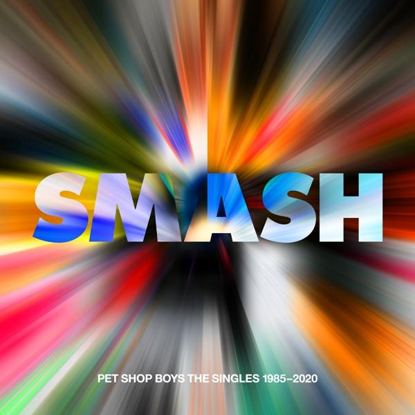 Album borító: SMASH, Pet Shop Boys, színes radiális elmosódás háttérrel.