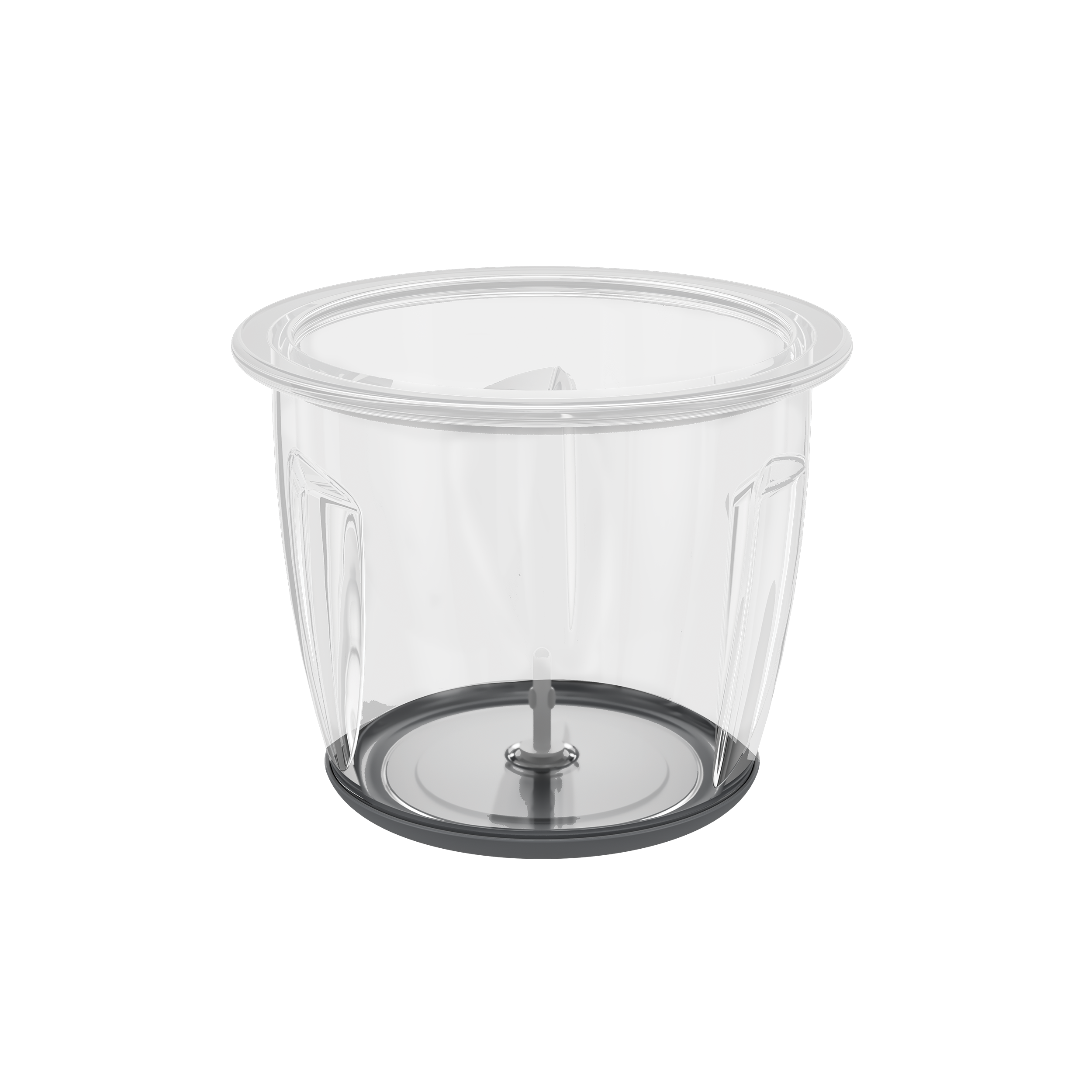 Şeffaf plastik blender kabı, içinde görülebilen bir bıçak tertibatı ile silindirik.