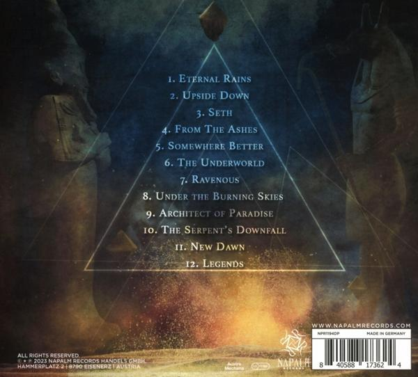 Rückseite eines Albums mit dreieckigem Design und Titelliste.