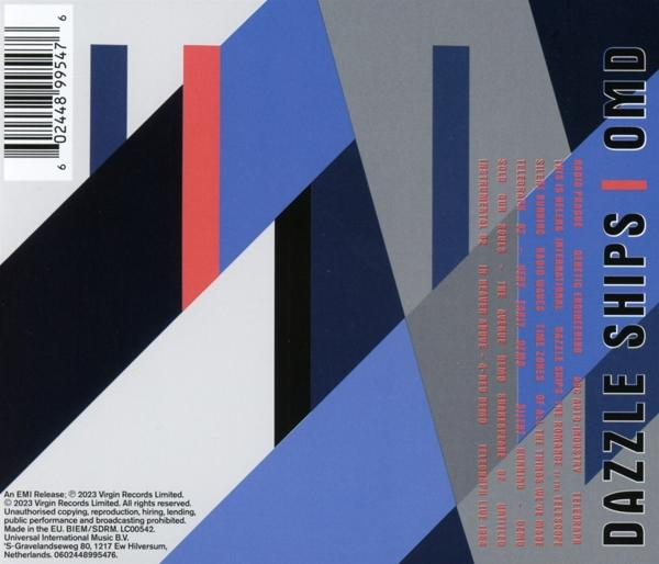 CD-Cover mit geometrischen Formen in Blau, Rot und Weiß. Der Titel 'Dazzle Ships' ist sichtbar.
