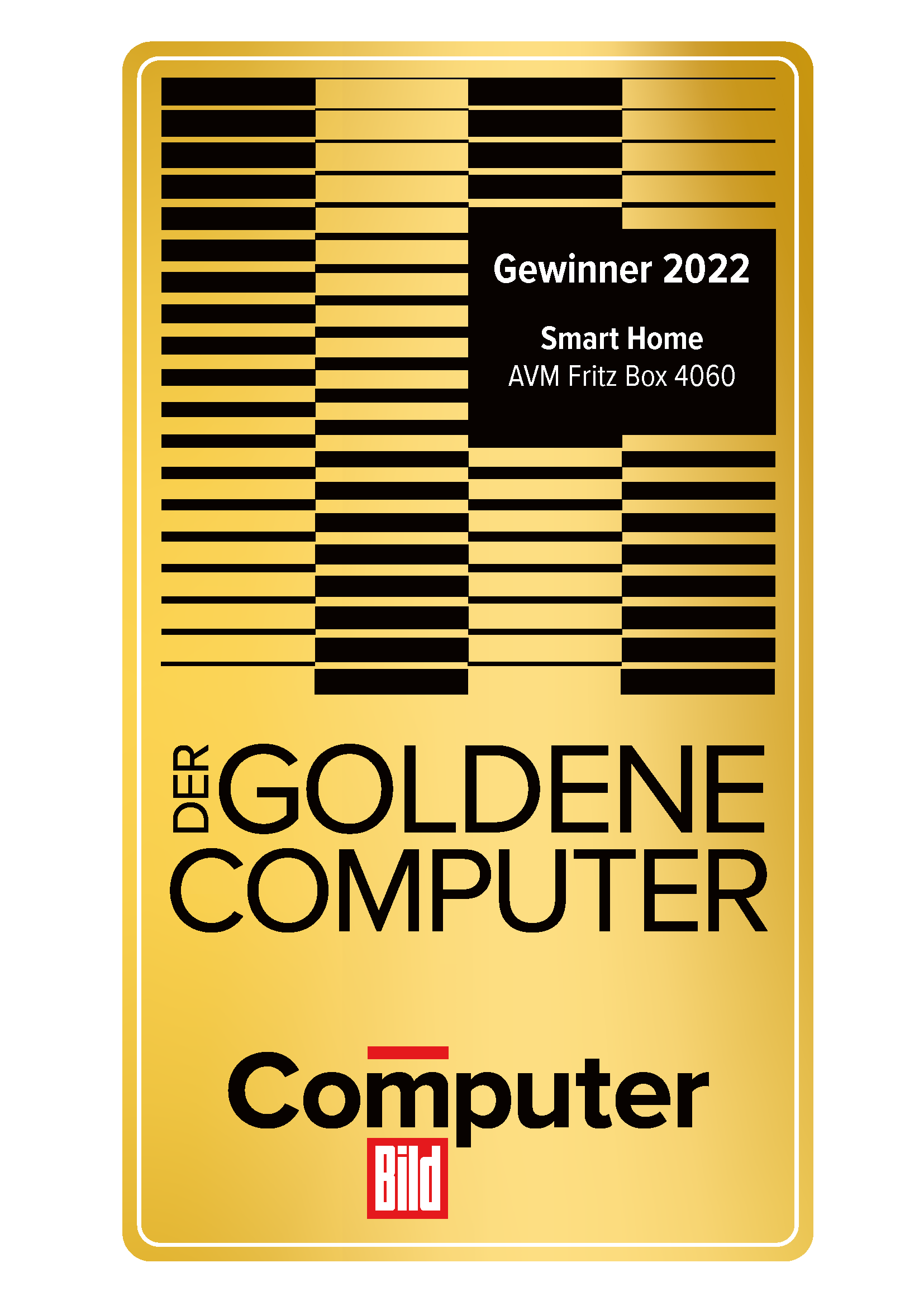 Goldfarbene Auszeichnung mit schwarz-weißen Streifen und Text. Es heißt "Der Goldene Computer" und "Computer Bild".