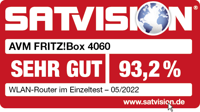Rotes Satvision-Label mit Text, einschließlich 'AVM FRITZ!Box 4060' und der Note '93,2 %'.