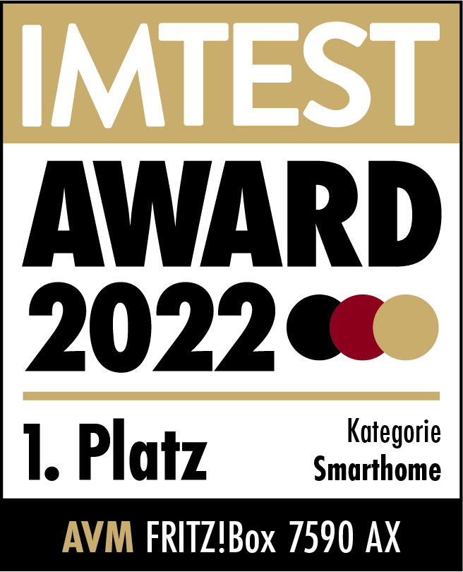 Auszeichnungsplakette mit dem Text 'IMTEST AWARD 2022'. Der Text ist in Gold und Schwarz gehalten. Kategorie: Smarthome.