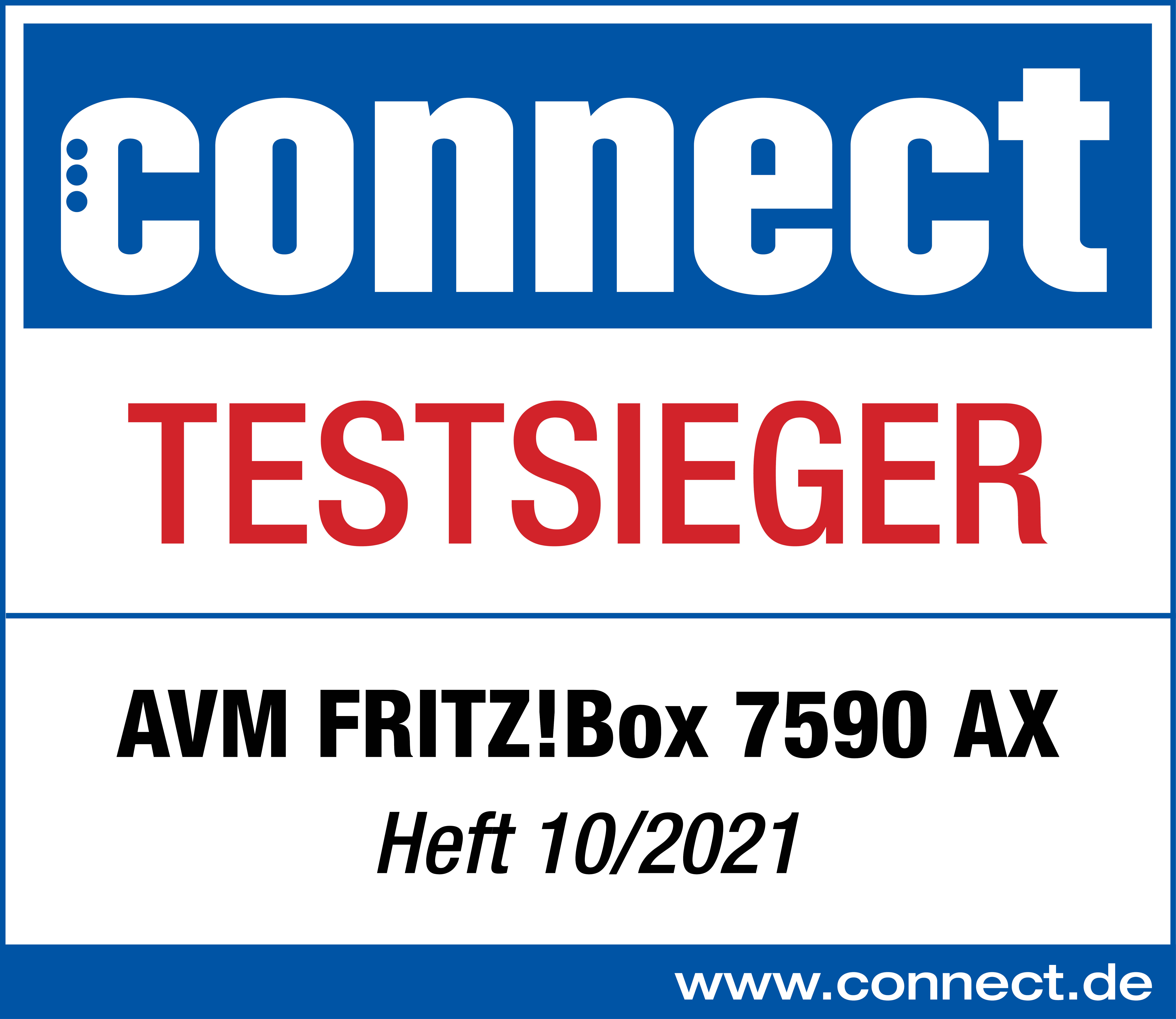 Ein weißes und blaues Banner mit dem Text „TESTSIEGER“ und „AVM FRITZ!Box 7590 AX“.