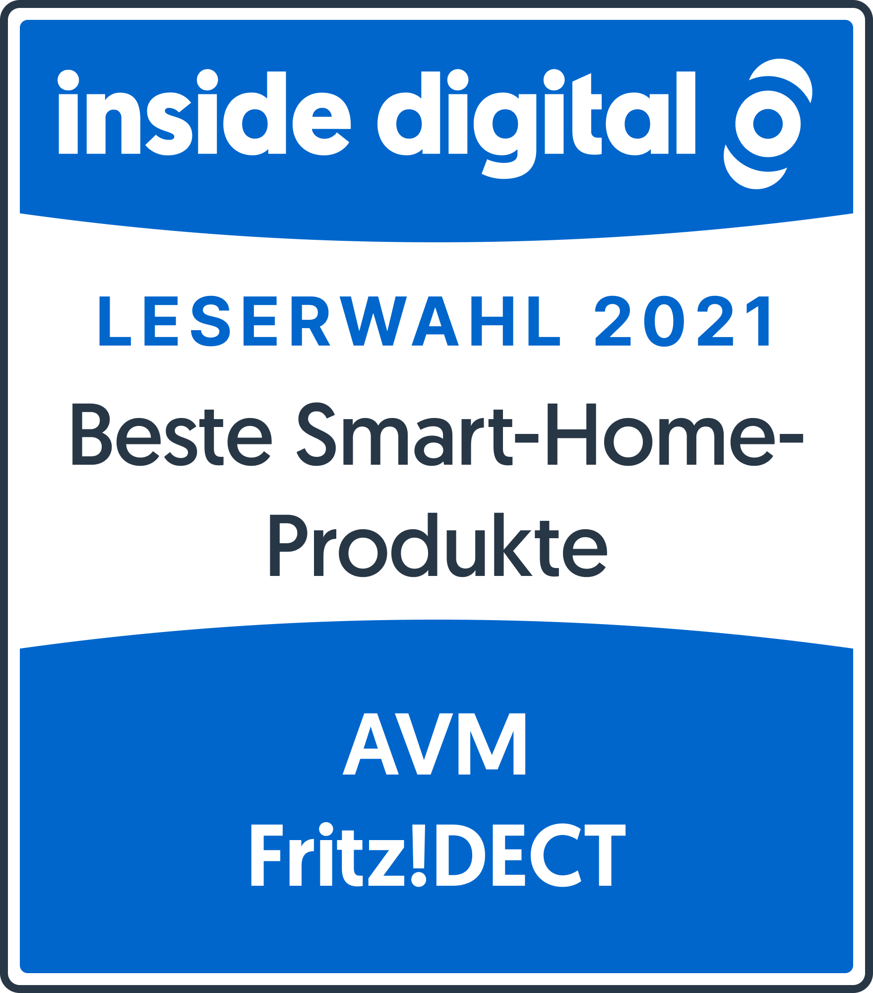 Blauer Hintergrund mit weißem Text: 'LESERWAHL 2021 Beste Smart-Home-Produkte' und 'AVM Fritz!DECT'.