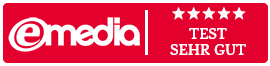 Roter und weißer 'eMedia'-Aufkleber mit dem Text 'TEST SEHR GUT' und fünf Sternen.