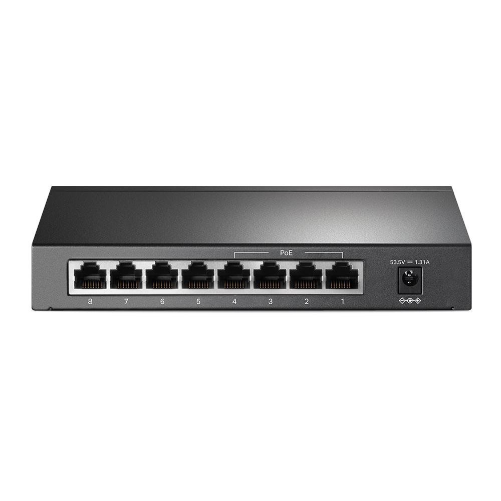 Schwarzer Netzwerk-Switch mit acht nummerierten Anschlüssen und Stromeingang auf weißer Fläche.