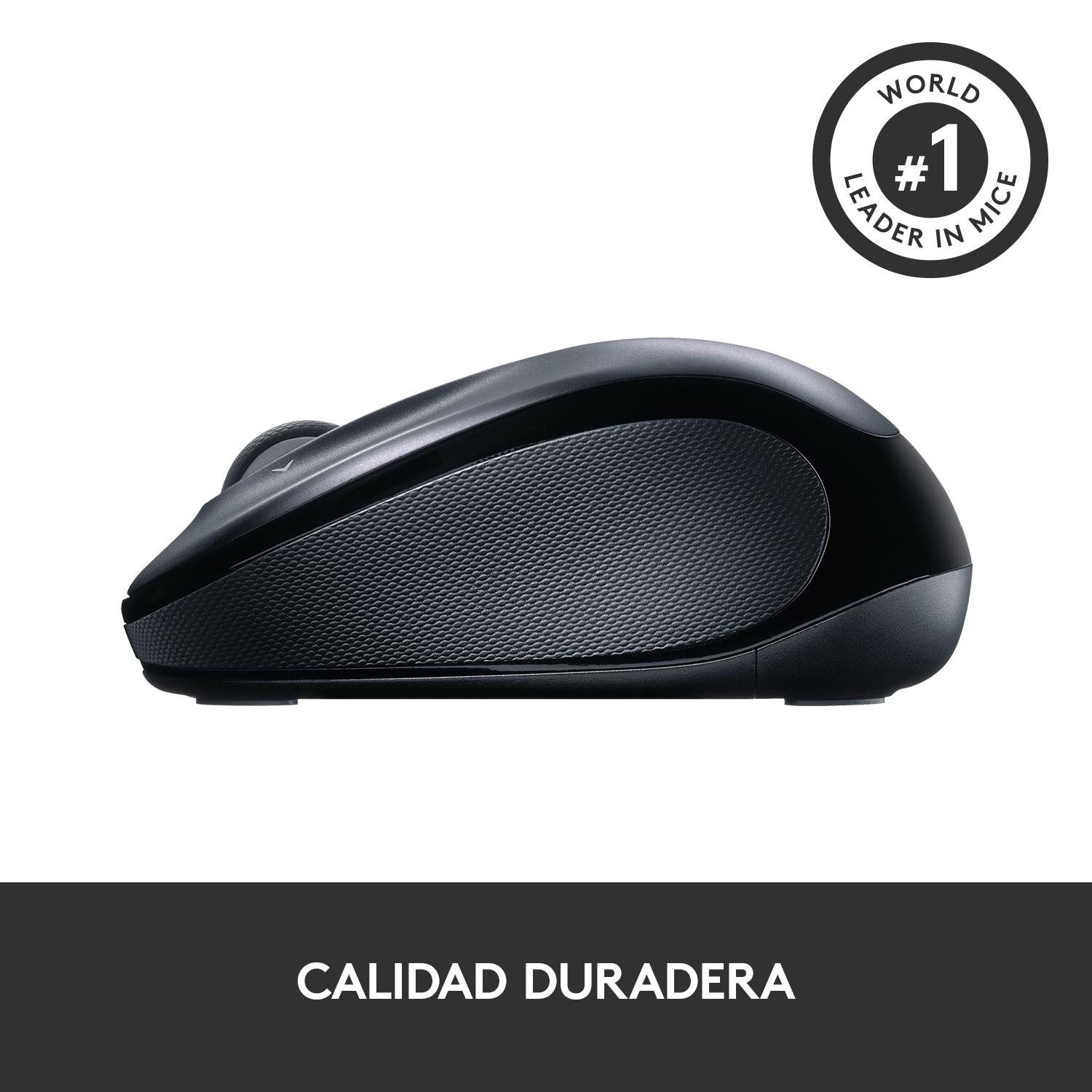 Ratón negro con agarre texturizado y el texto 'CALIDAD DURADERA' y 'WORLD LEADER IN MICE'.