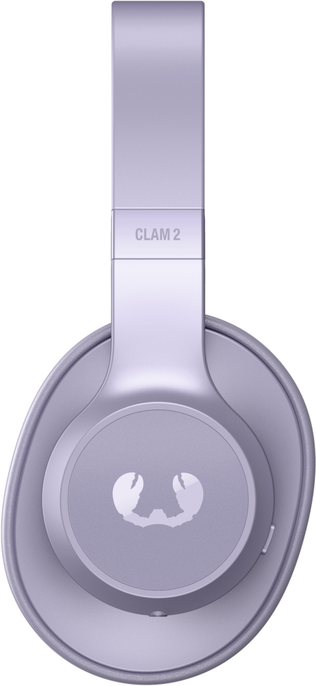 Een paar lichtpaarse koptelefoons met de tekst 'CLAM 2' en een logo op de oorschelpen.