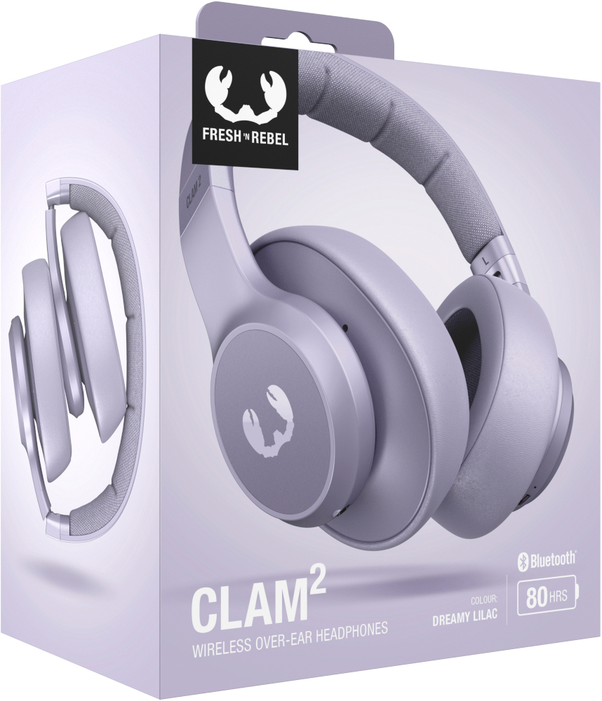 Paarse hoofdtelefoon in een doos, met de tekst 'CLAM2 WIRELESS OVER-EAR HEADPHONES'.