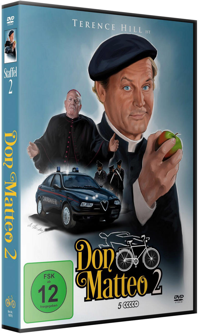 DVD-Box von Don Matteo 2, Mann mit Apfel, Auto und Text.