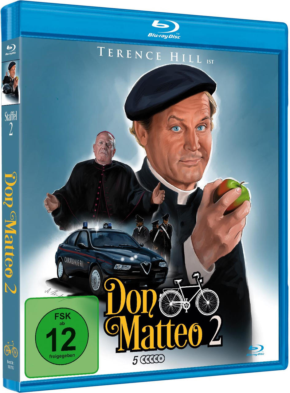 DVD-Cover von 'Don Matteo 2'. Ein Mann in schwarzer Robe hält einen Apfel, andere im Hintergrund.