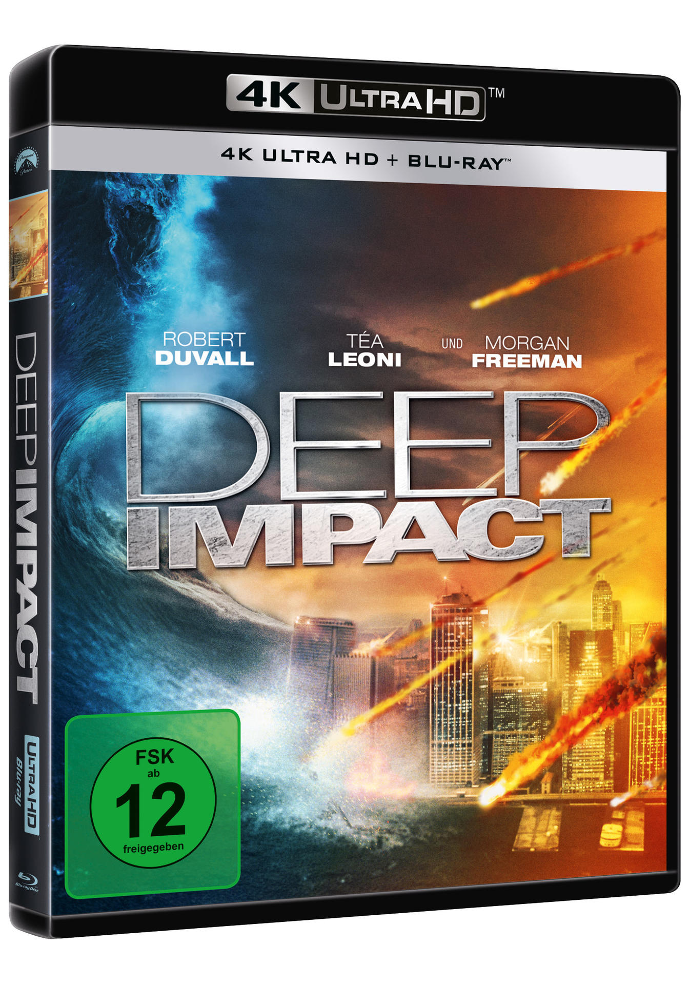 DVD-Hülle für Deep Impact. Zeigt eine Skyline, eine Welle und den Filmtitel. Schauspieler Robert Duvall, Téa Leoni und Morgan Freeman.