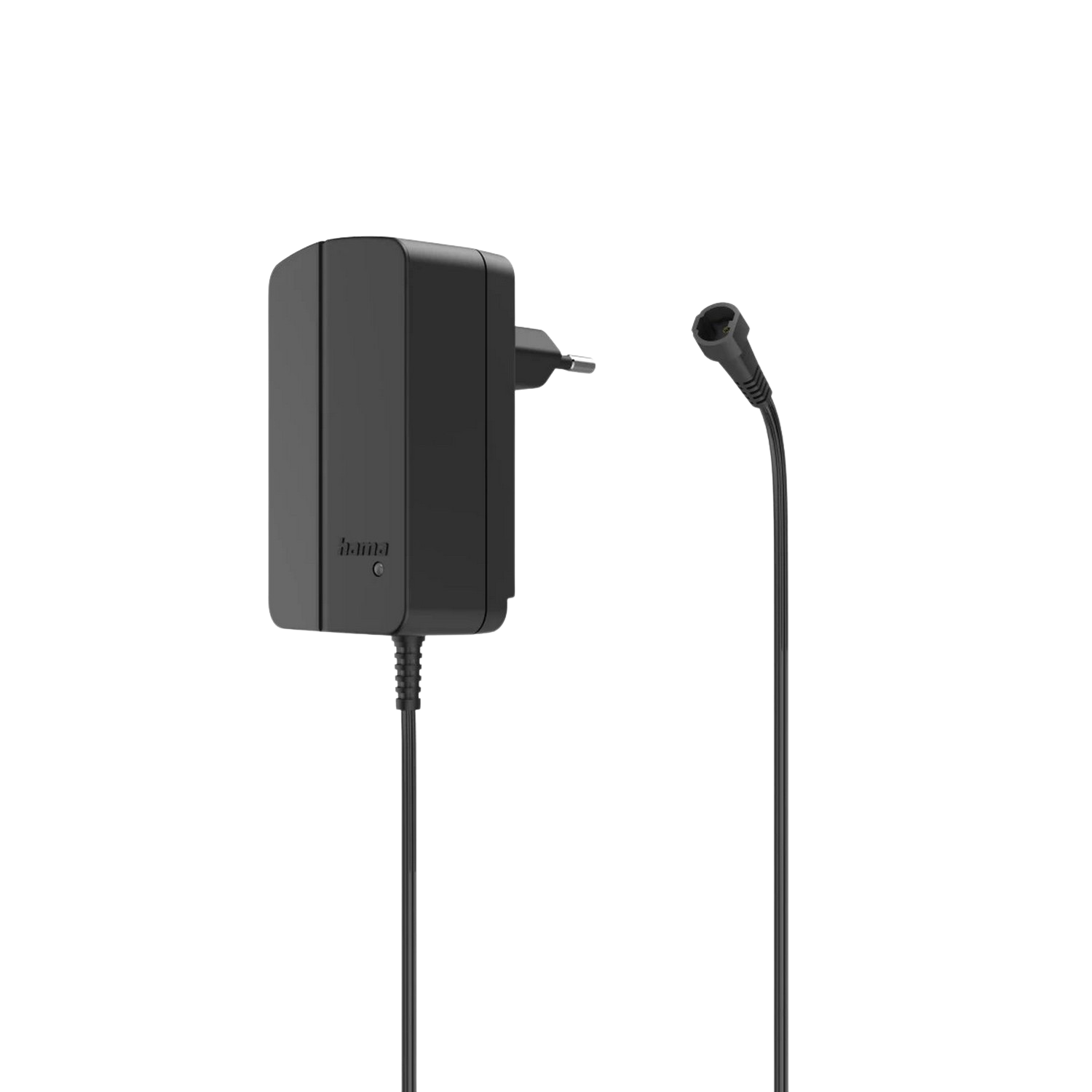 Chargeur Hama noir avec prise et câble noir connecté. Fond noir.