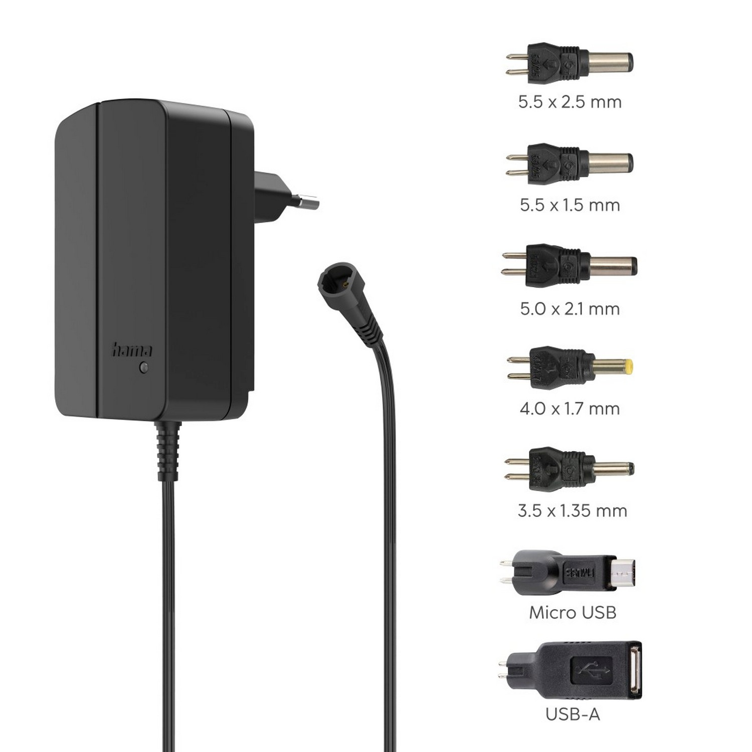 Adaptateur secteur noir avec plusieurs embouts de connecteur pour divers appareils.