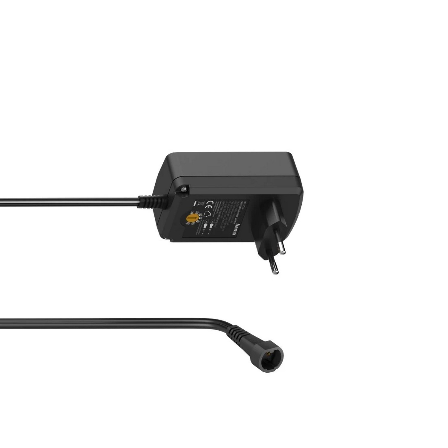 Zwarte voedingsadapter met een tweepolige stekker en een zwarte kabel aangesloten.