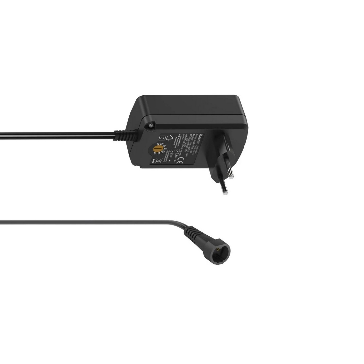 Black Hama power supply with a cable and a plug on a white surface.