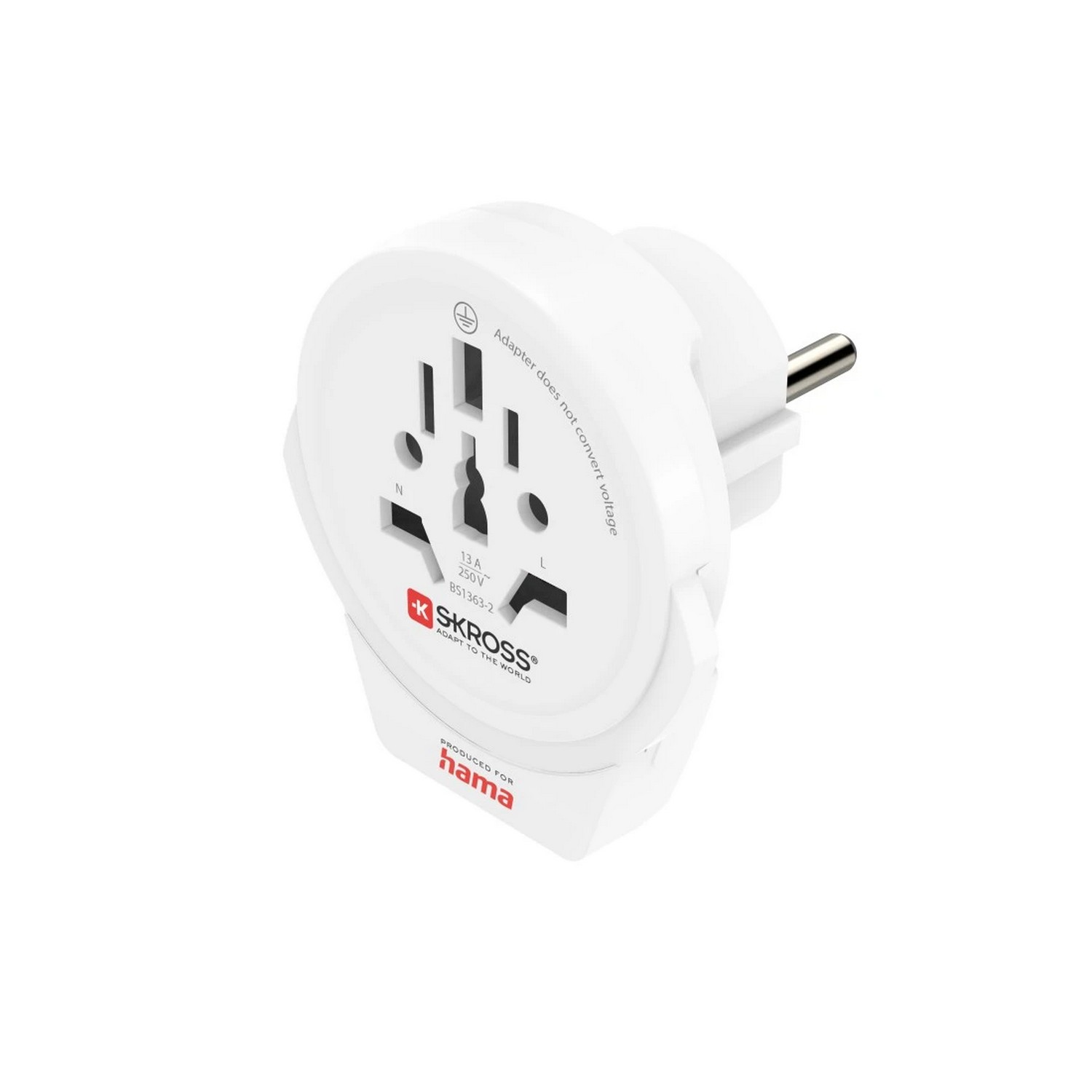 White adapter with multiple plug sockets, text: Adapter does not convert voltage.