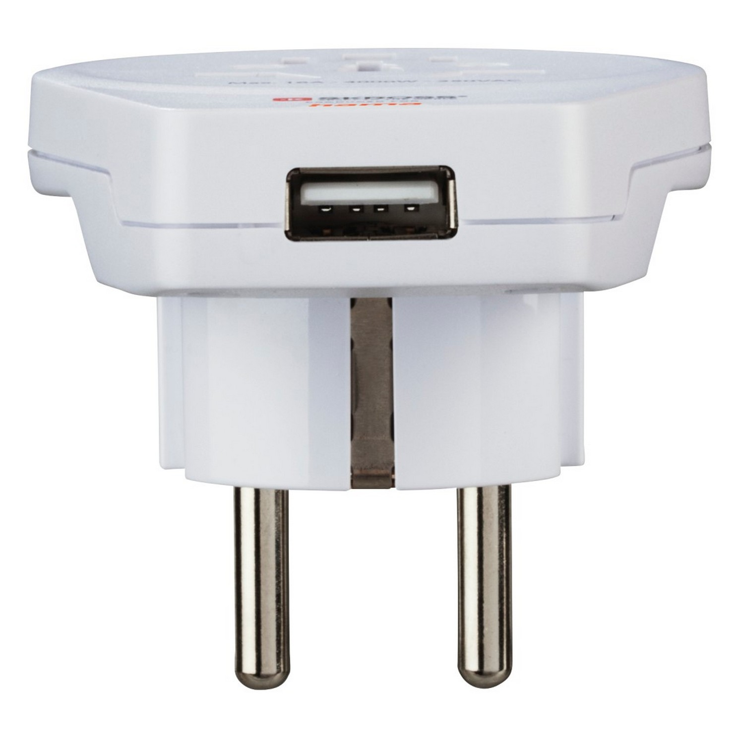 White travel adapter with USB port and European plug pins.