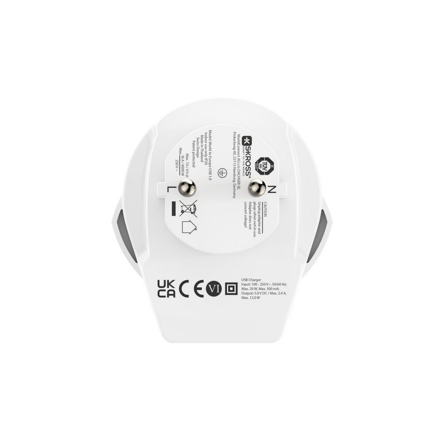 White travel adapter with multiple plug types and USB ports, marked with symbols and text.