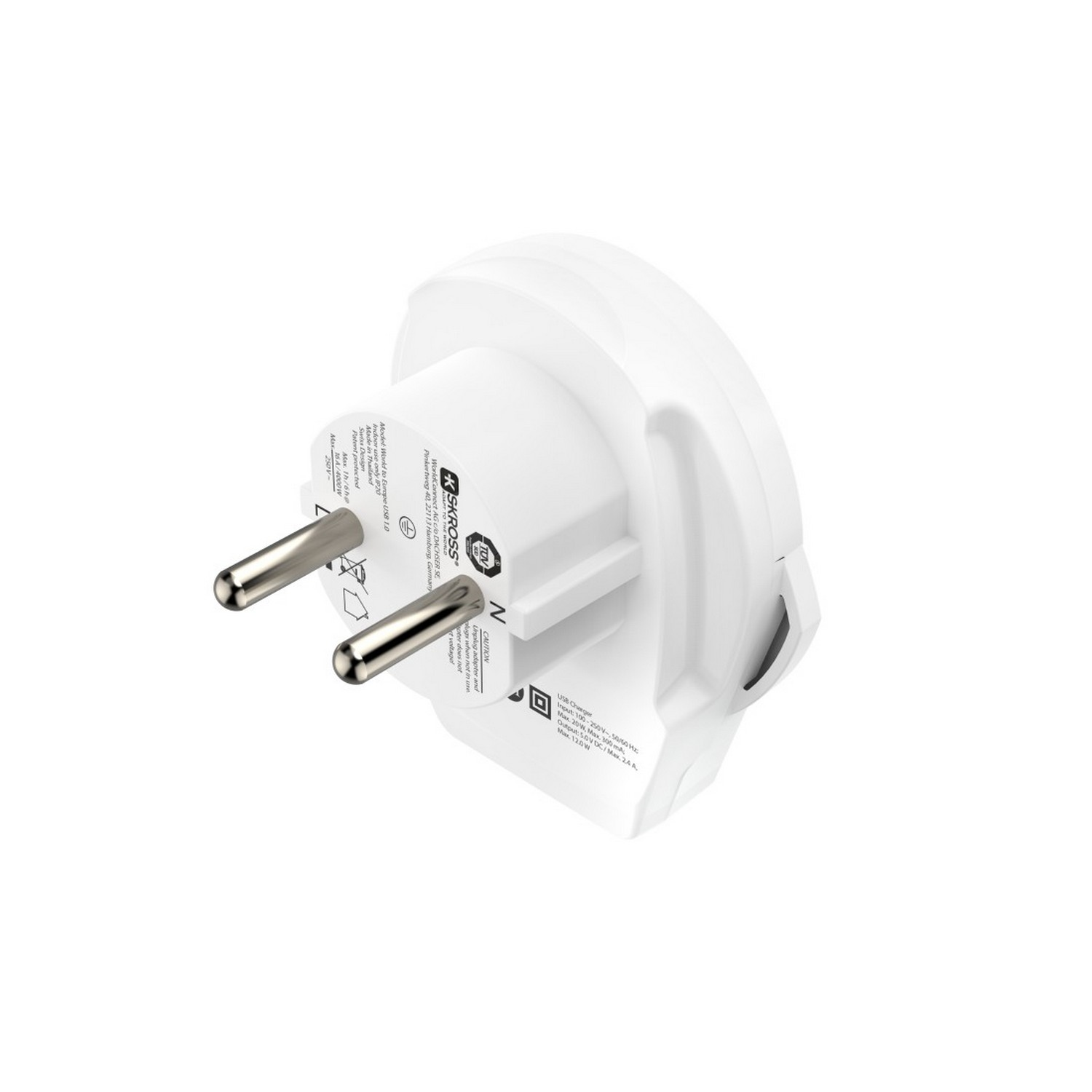 A white travel adapter with two metal prongs, angled, on a white background.