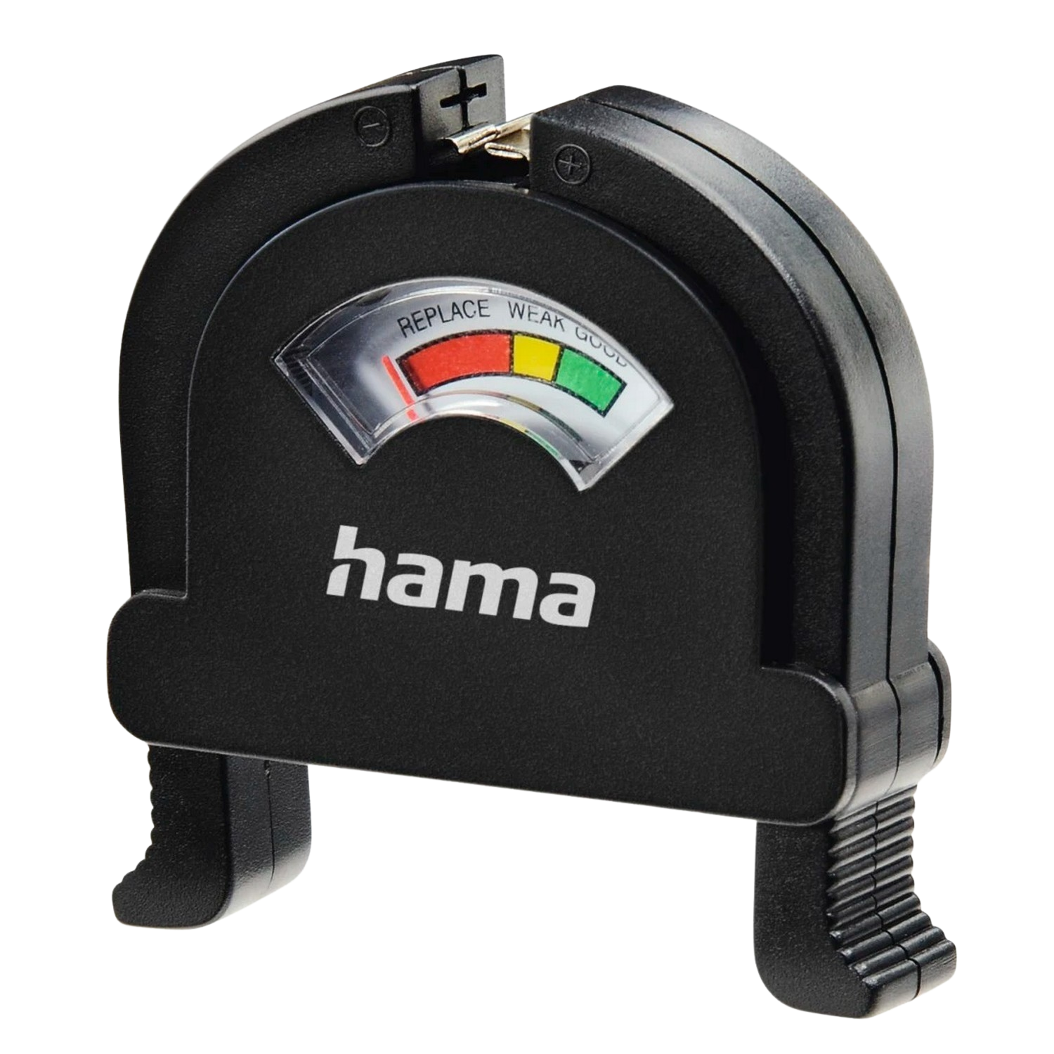 Testeur de batterie noir avec une jauge indiquant les niveaux : remplacer, usure et bon.