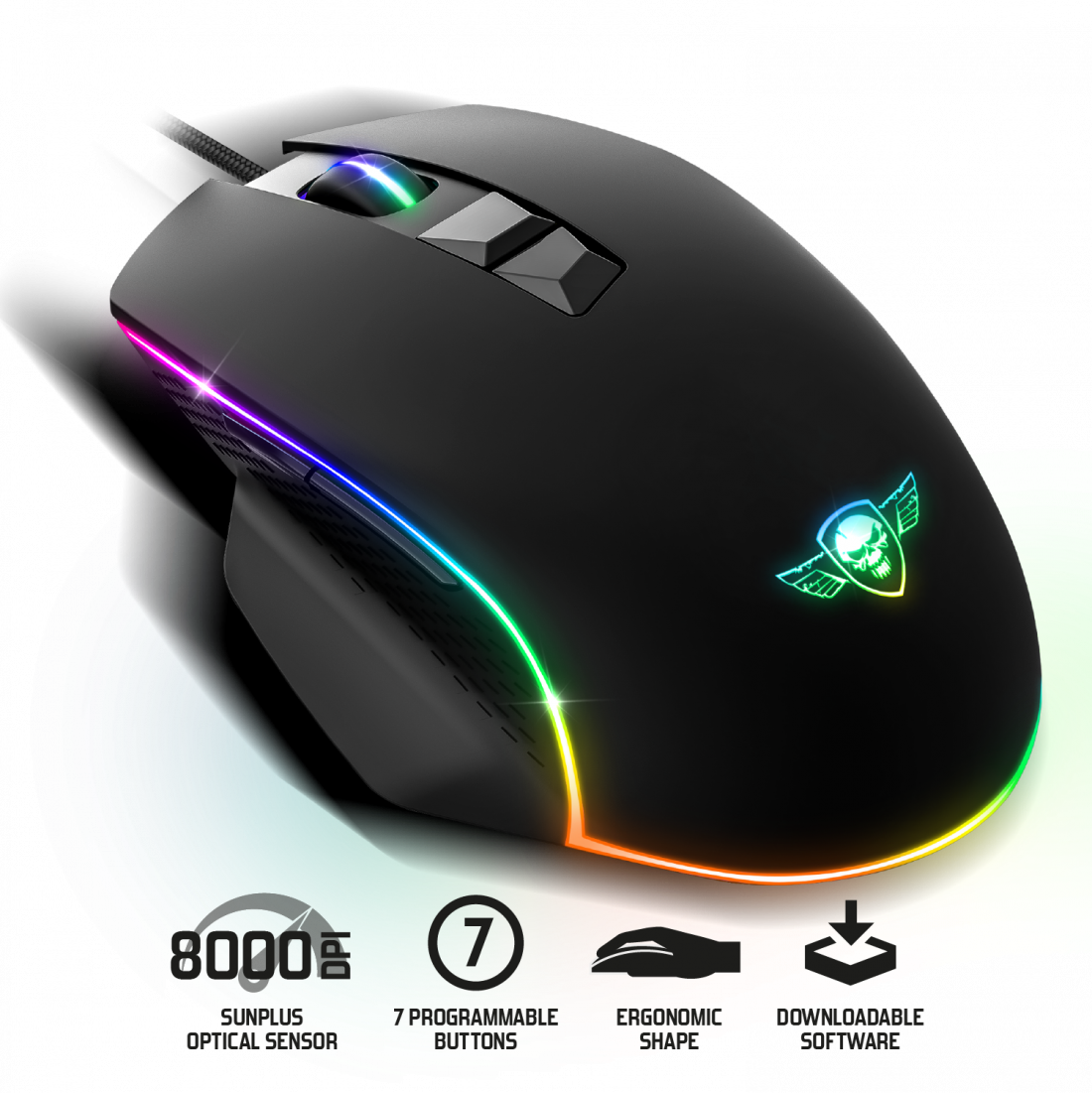 Fekete gaming egér testreszabható RGB világítással és gombokkal, fekete felületen.