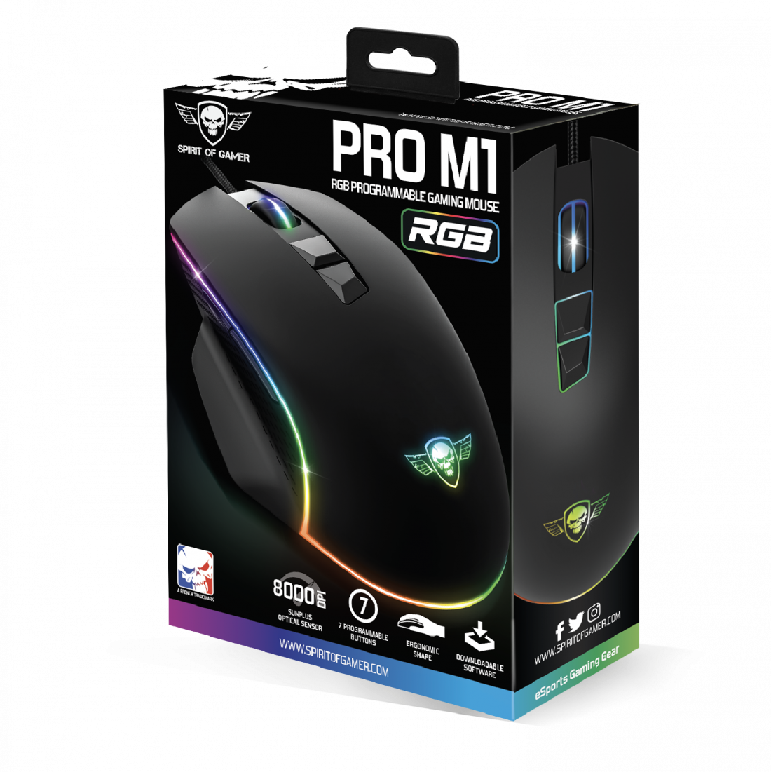 Fekete gamer egér dobozban. RGB-világítással rendelkezik, a márka a Spirit of Gamer. A dobozon a PRO M1 felirat látható.