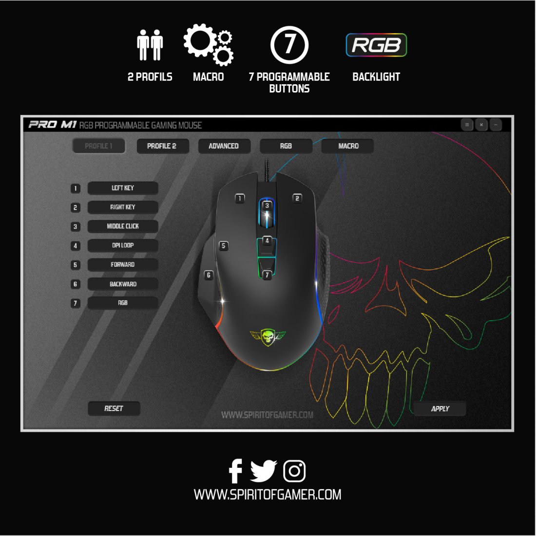 Egy gaming egér programozható gombokkal és RGB világítással, képernyőn.