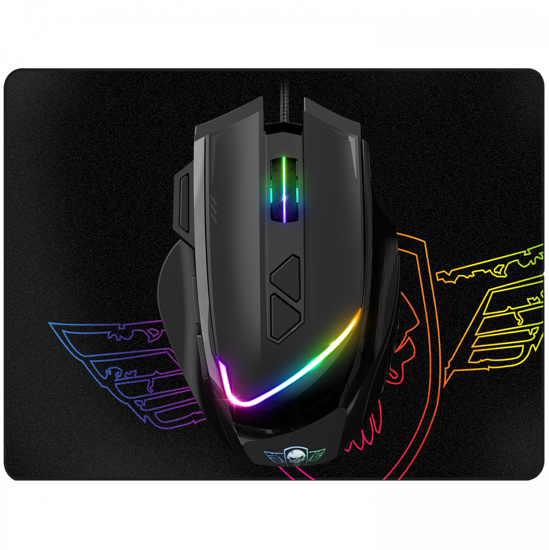 Fekete gamer egér RGB világítással egy fekete, mintás egérpadon.