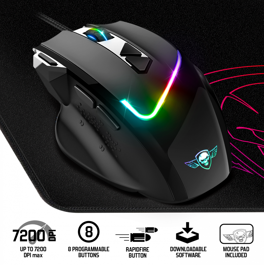 Fekete gamer egér színes LED-ekkel, fekete egéralátéten.