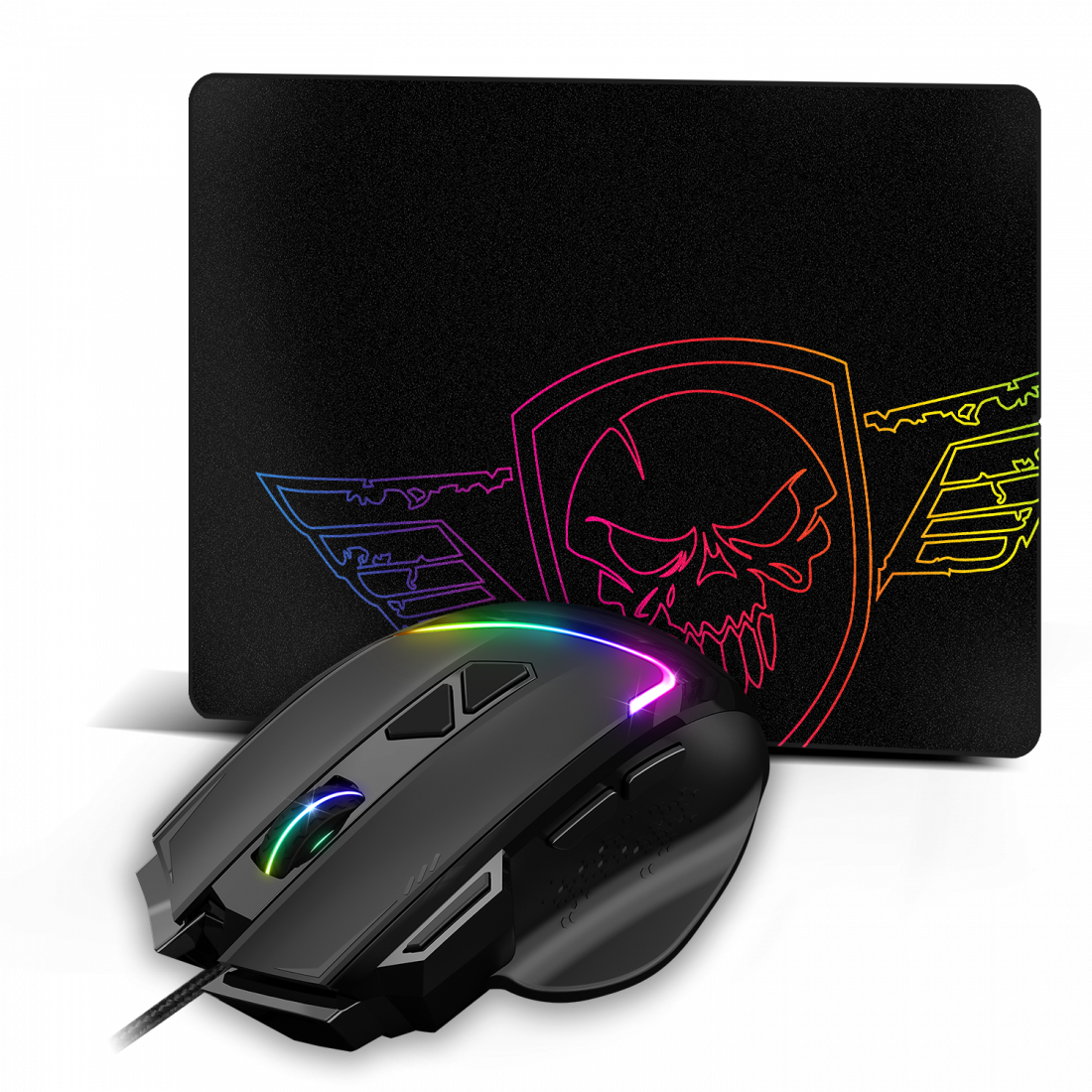 Fekete gamer egér és egérpad koponya logóval. RGB világítás az egéren és a padon.