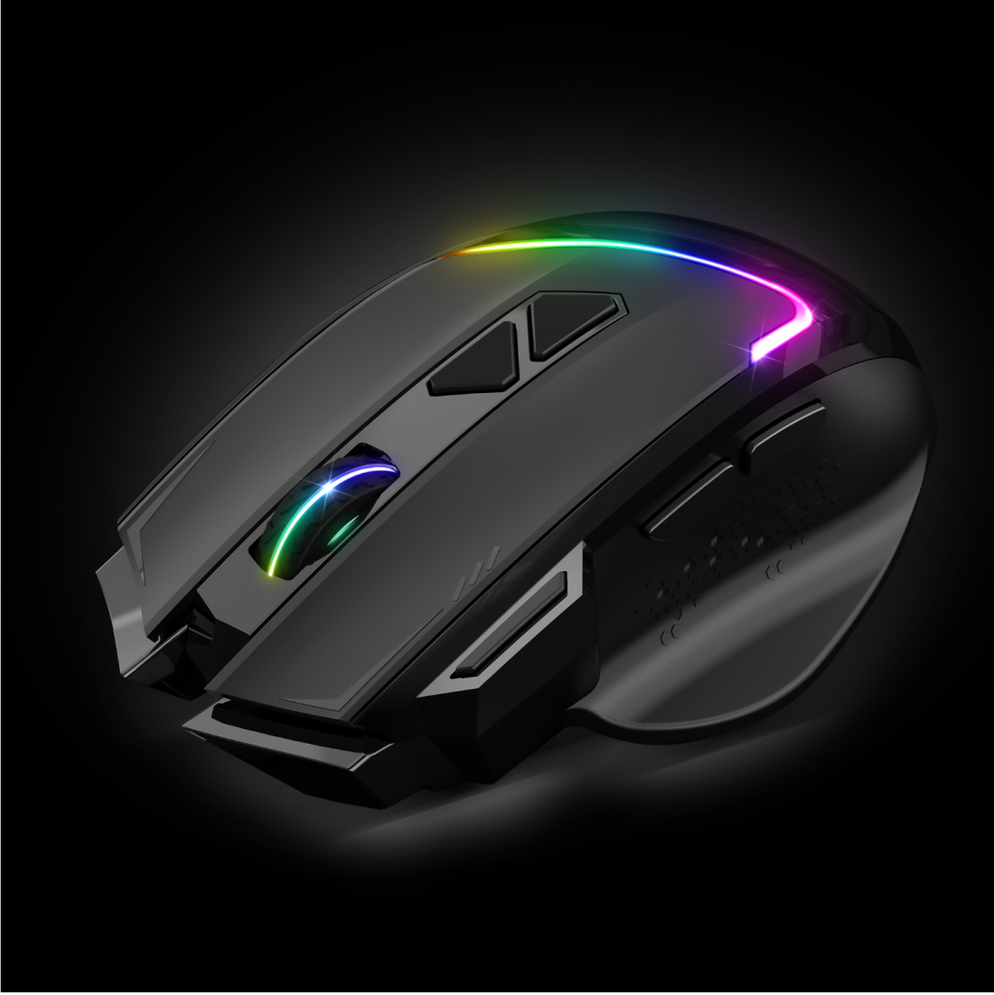 Egy fekete gamer egér színváltó LED-fényekkel.