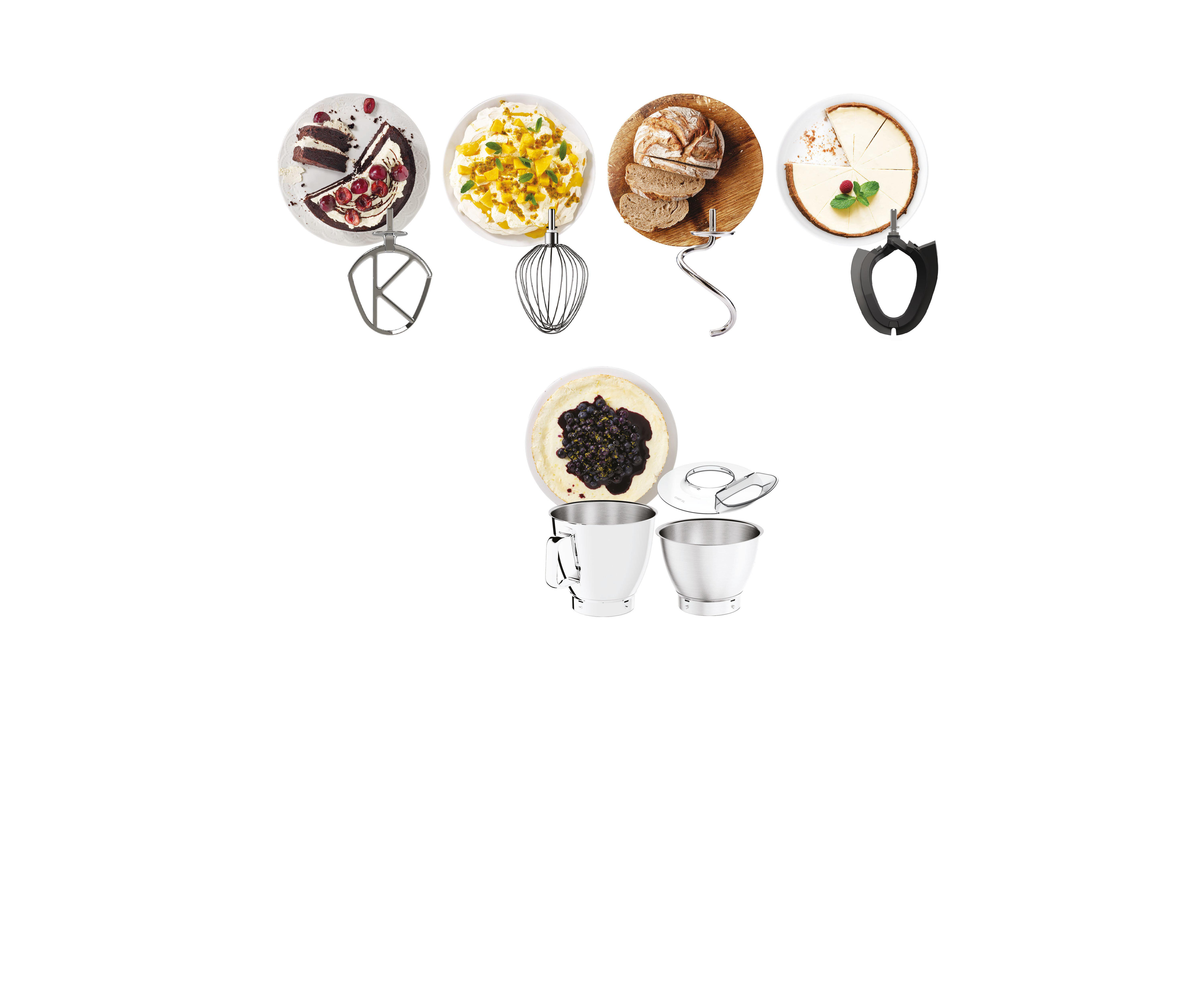 Verschiedene Küchengeräte-Aufsätze und Desserts: Kuchen, Mousse, Brot und Tarte.